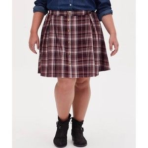 Torrid Plus Size Burgundy Purple Plaid Twill Pleated Button Front Mini Skirt